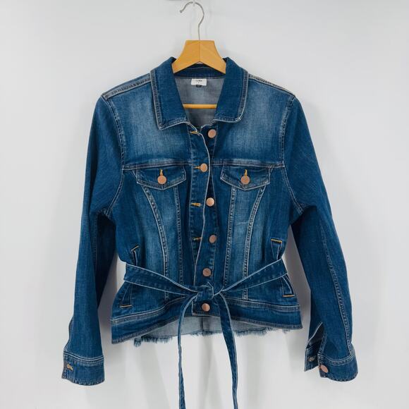 Cabi Dylan Belted Denim Jean Jacket Raw Hem Fitted Button Front Blue Size L - Picture 8 of 8